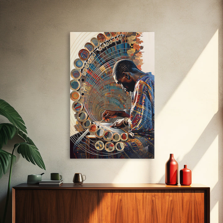 African Artist Weaving Geometric Circle Patterns Canvas Print, Modern African Art, Cultural Wall Decor, Creative Studio Gift
