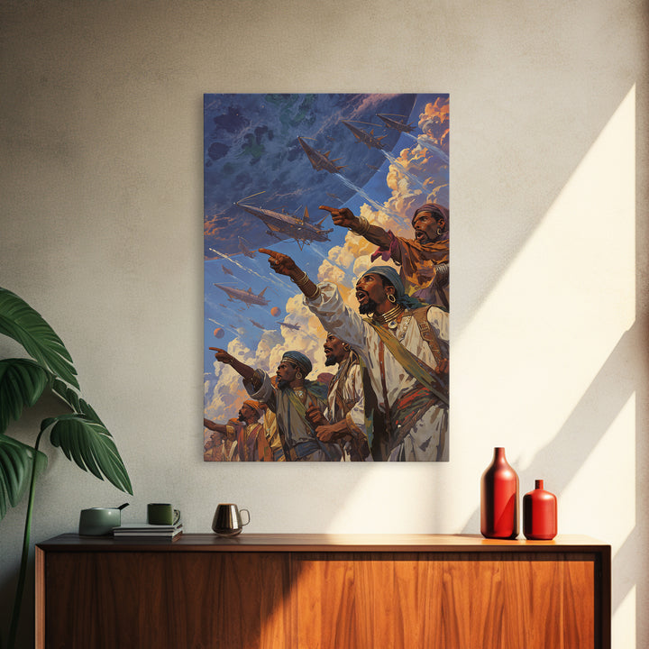 Afrofuturist Warriors Pointing At Sky Ships Wall Art, African Warrior Art, Modern African Art Print, Bold Cultural Decor