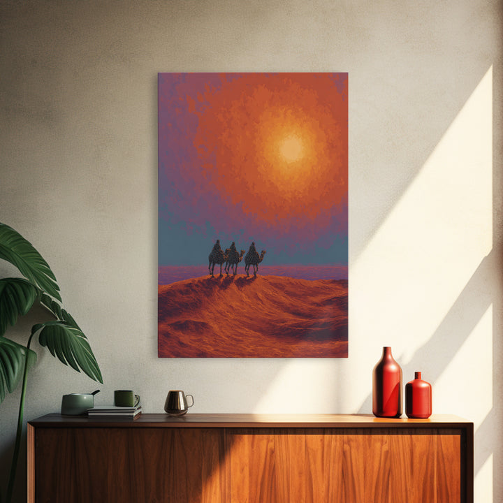 Camel Caravan Crossing Red Desert Dunes Wall Art, African Safari Art Print, Burnt Orange Art, Dreamy Landscape Decor, Gift