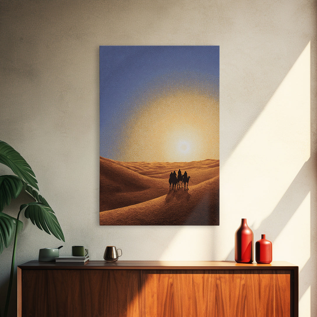 Camel Caravan In Golden Sand Dunes Canvas Print, African Safari Art, Desert Landscape Wall Decor, Warm Sunset Home Decor