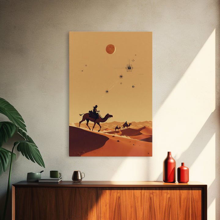 Camel Riders Beneath Red Moon Wall Art, African Travel Poster, Desert Caravan Print, Boho Safari Decor, Mystical Wall Art