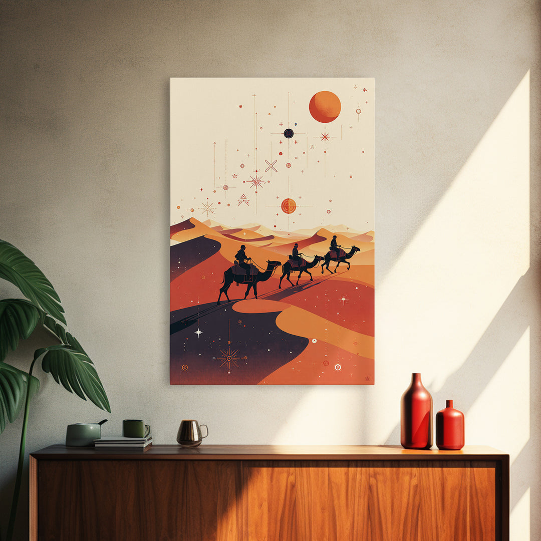 Desert Camel Caravan With Planets Canvas Print, African Travel Art, Boho Wall Decor, Orange Dunes, Celestial Safari Gift
