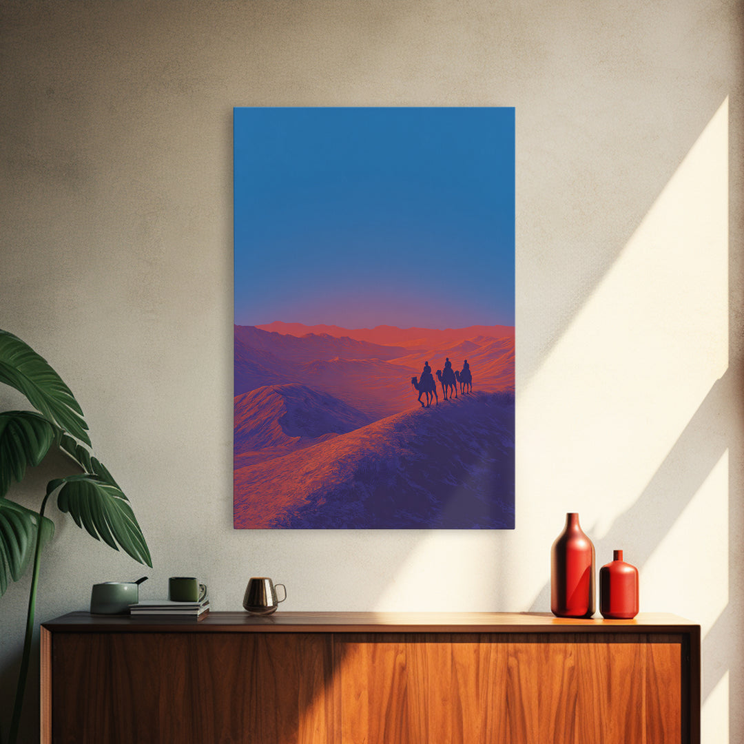 Camel Riders On Blue Desert Ridge Wall Art, African Landscape Print, Modern Safari Art, Sunset Mountain Unique Home Decor Gift