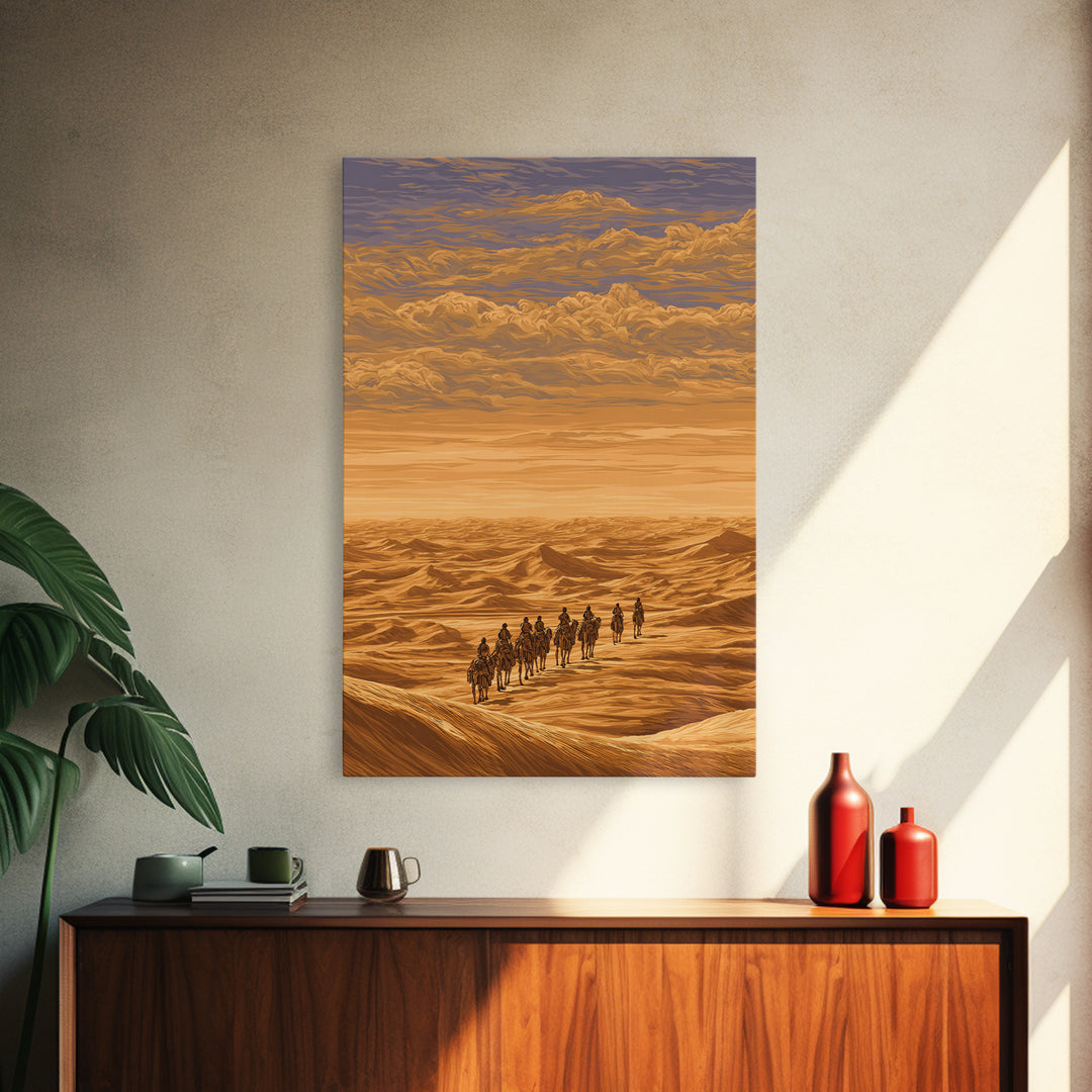 Golden Desert Caravan Across Dunes Canvas Print, African Safari Art, Sahara Landscape, Boho Wall Decor, Living Room Decor