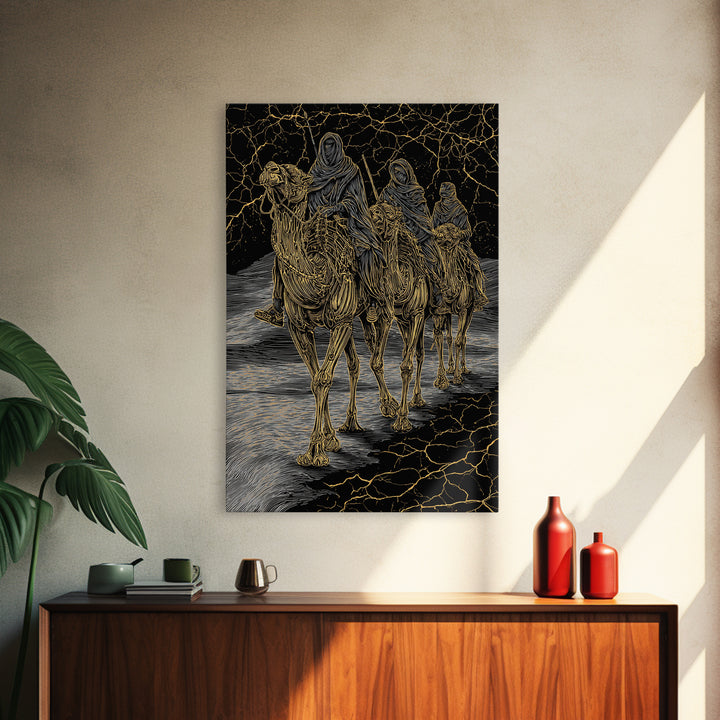 Gold Line Camel Riders On Black Desert Wall Art, African Travel, Tribal Decor, Sahara Poster, Bold Boho Home Decor, Statement Piece