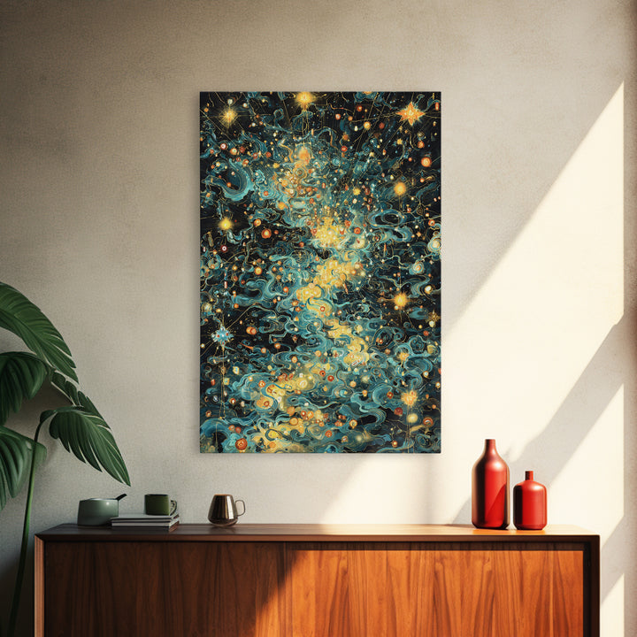 Glowing Celestial Swirls With Stars Canvas Print, Abstract Art, Teal And Gold Wall Decor, Dreamy Modern Home Decor, Gift For Her