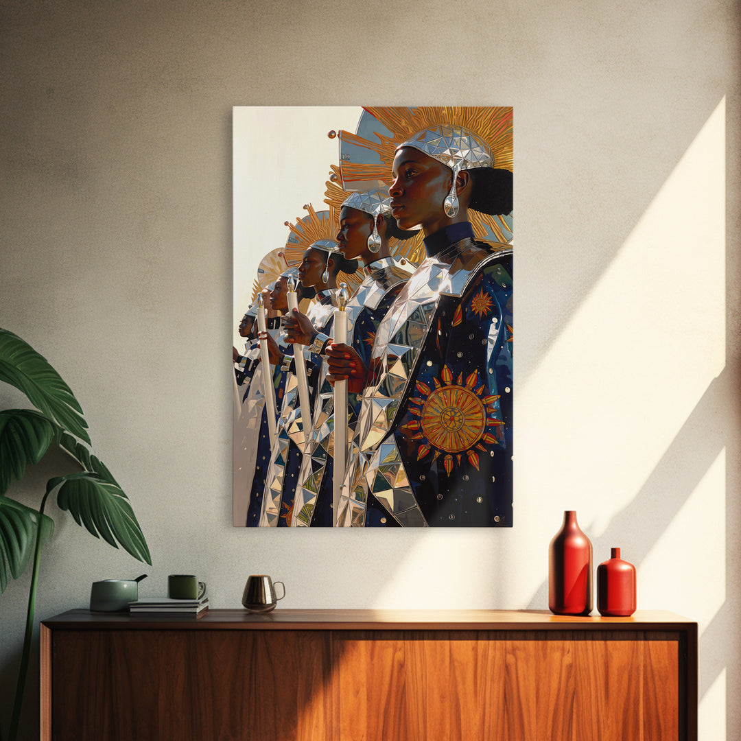 Afrofuturist Women In Silver Sun Armor Canvas Print, Black Women Art, African Queen, Empowered Women, Luxury Wall Decor Gift