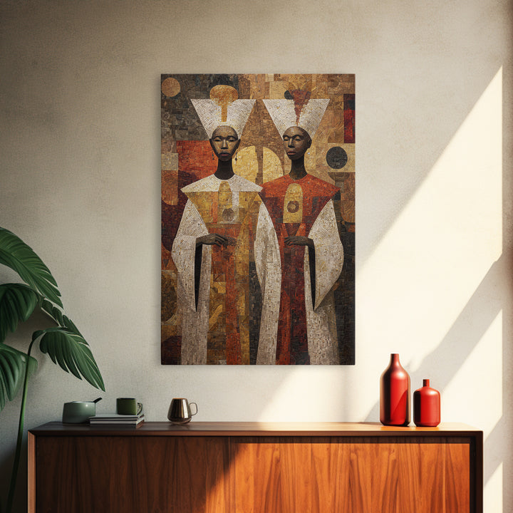 Geometric African Queens In Earth Tones Wall Art, African Abstract, Black Culture Art, Tribal Queen Art, Elegant Home Decor