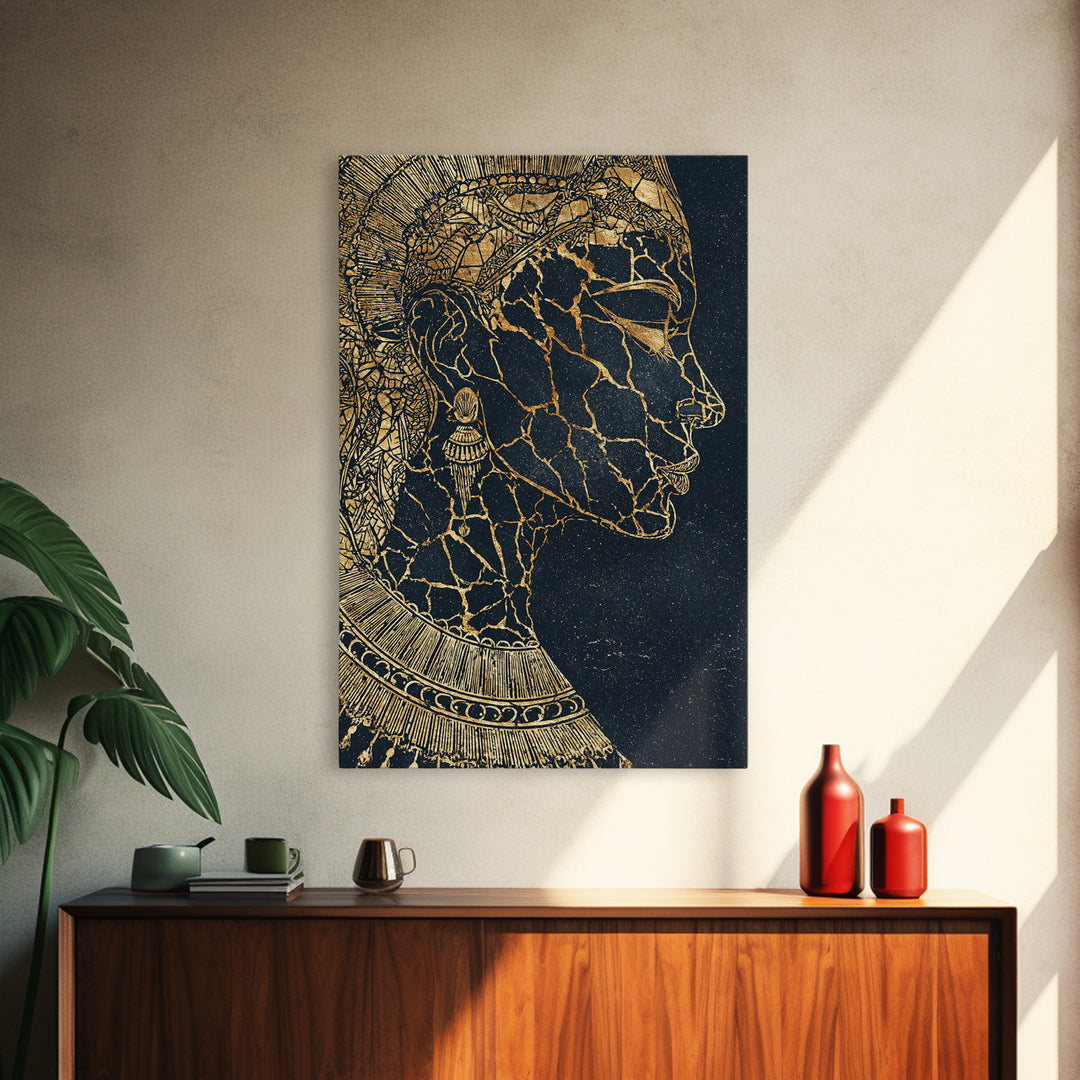 Gold Cracked African Queen Profile Wall Art, Black Woman Portrait, Afrocentric Decor, Luxury Canvas, Black And Gold Design