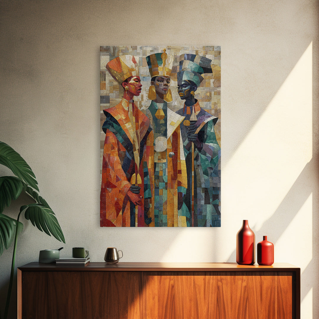 Three Regal African Figures Framed Canvas Print, Cubist Mosaic Portrait, Tribal Queen Art, Cultural Wall Decor, Bold Home Decor