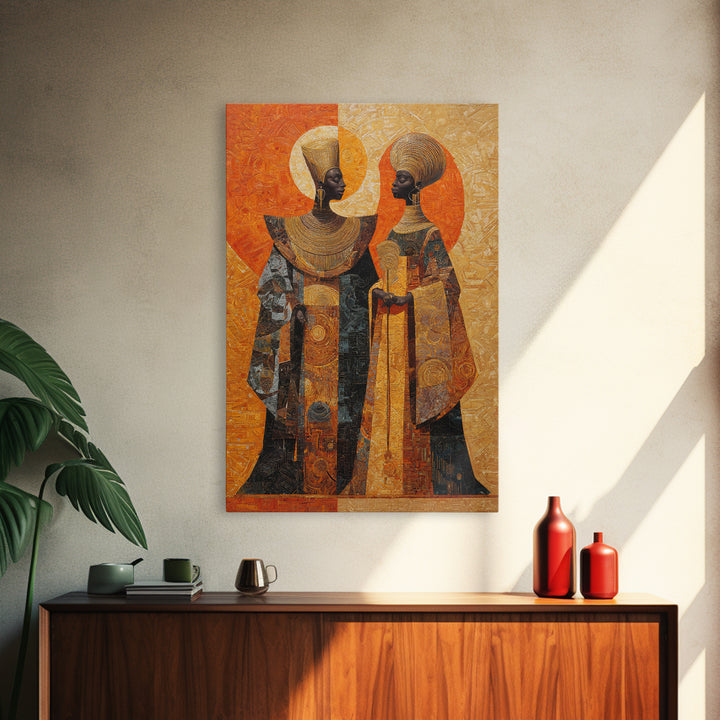 Orange Gold African Queen Pair Wall Art, Elegant Halo Portrait, Modern African Art, Black Woman Canvas, Earth Tone Decor