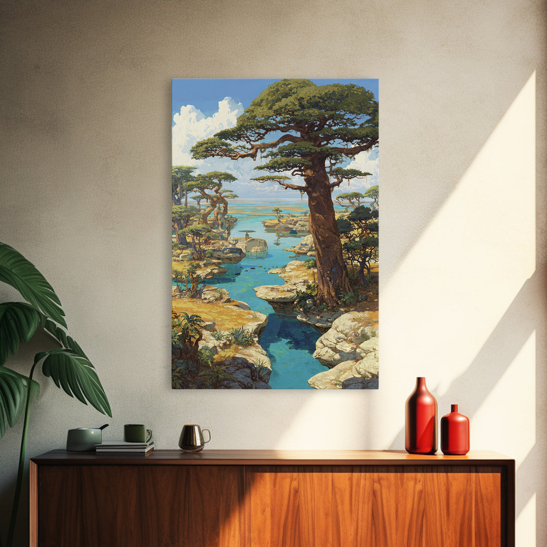 Baobab Trees By Turquoise Water Canvas Print, African Landscape, Serengeti Wall Art, Nature Scene Art, Safari Decor Gift