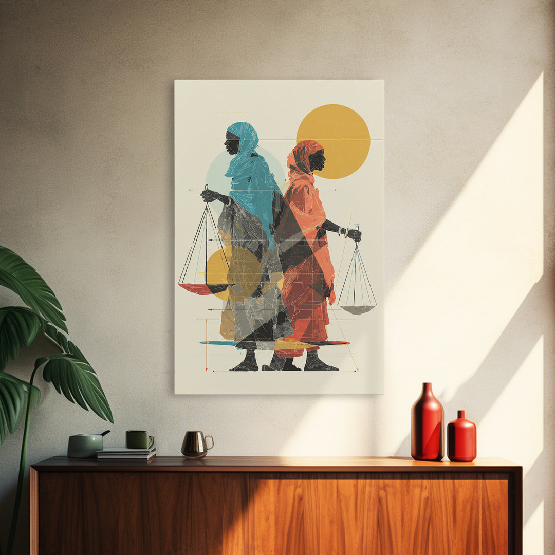 Two Veiled African Women With Scales Canvas Print, Modern Justice Portrait, Afrocentric Wall Decor, Feminine Wall Art Gift
