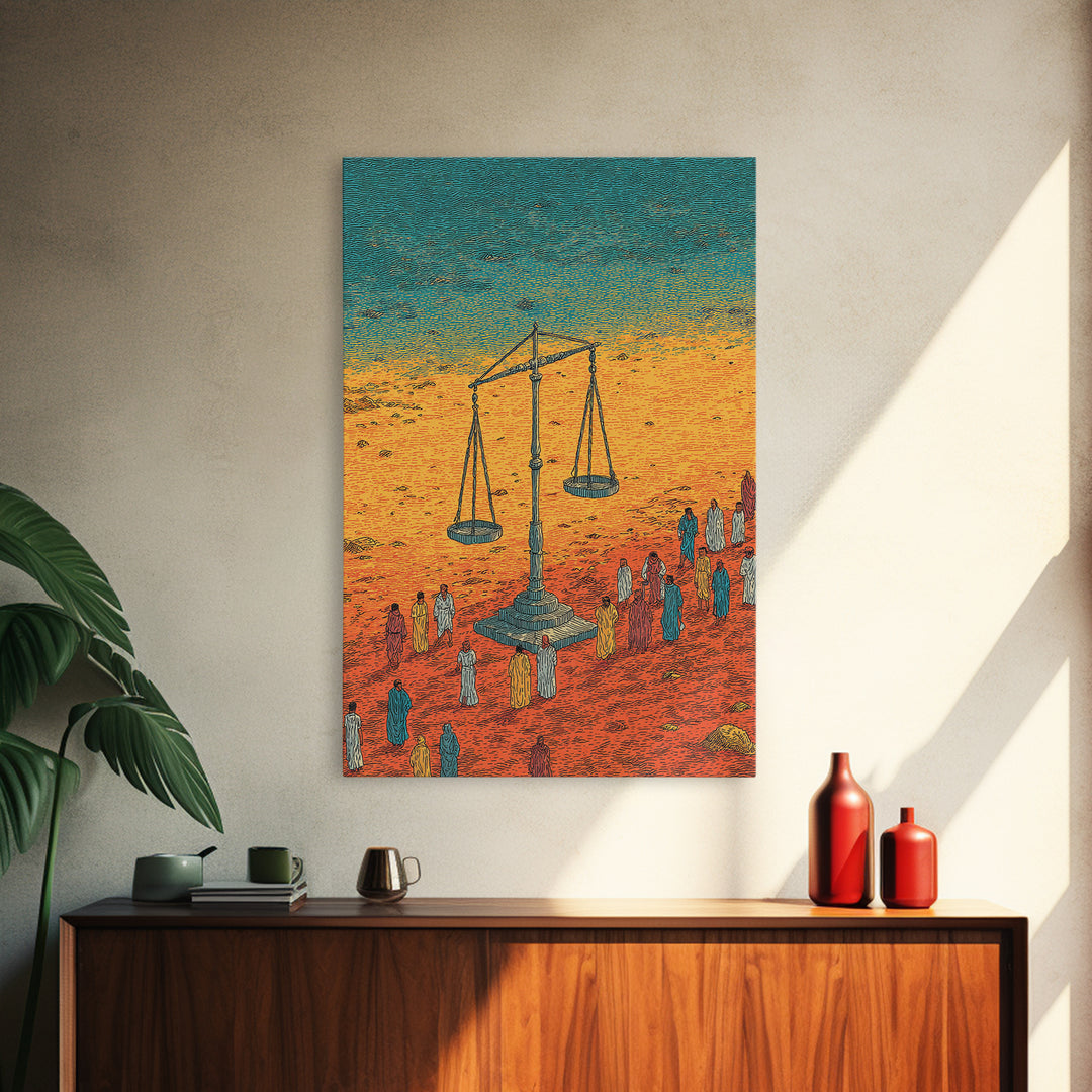 Desert Justice Scales With Robed Figures Wall Art, African Culture Art Print, Afrocentric Decor, Statement Living Room Decor