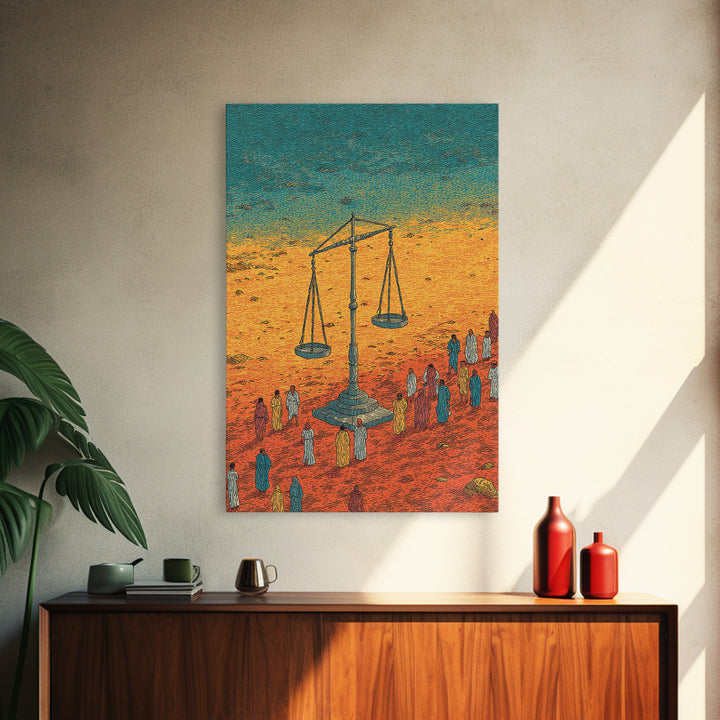 Desert Justice Scales With Robed Figures Wall Art, African Culture Art Print, Afrocentric Decor, Statement Living Room Decor