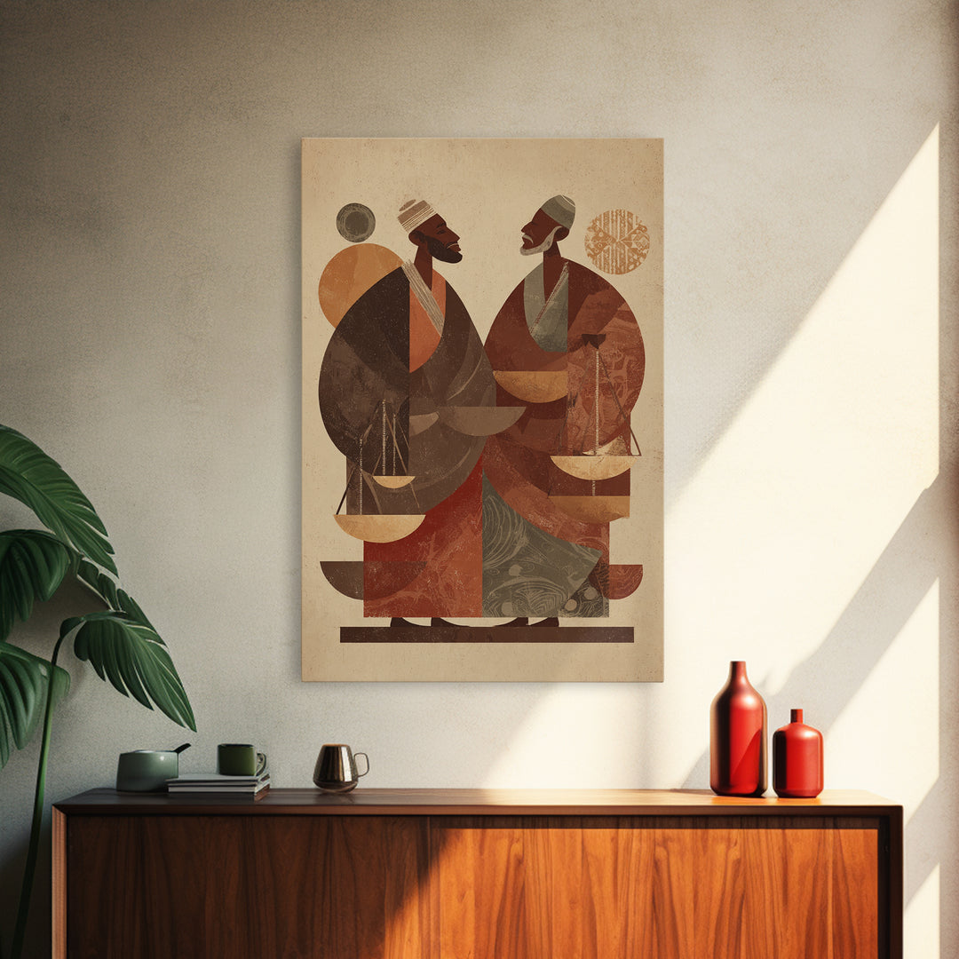 Two African Men With Balance Scales Framed Canvas Print, African Wall Art, Cultural Art Print, Afrocentric Home Decor Gift