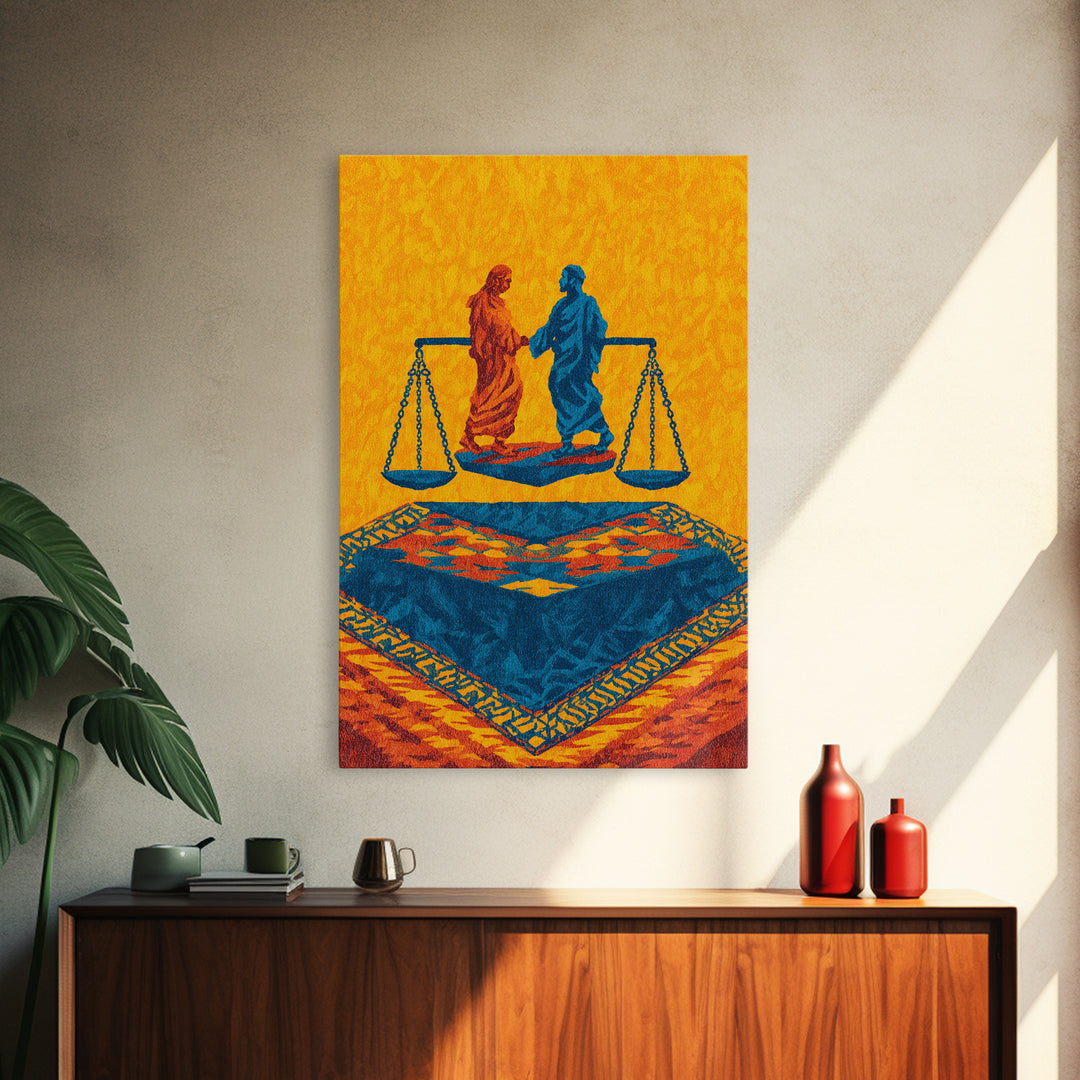 Balanced Figures On Blue Rug Wall Art, African Inspired Justice Painting, Cultural Wall Decor, Bold Afrocentric Canvas Print