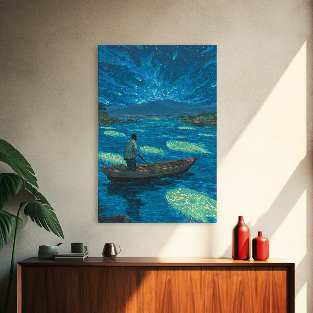 Starlit Fisherman On Glowing Blue Lake Canvas Print, African Landscape Wall Art, Dreamy Nature Scene, Unique Home Decor Gift