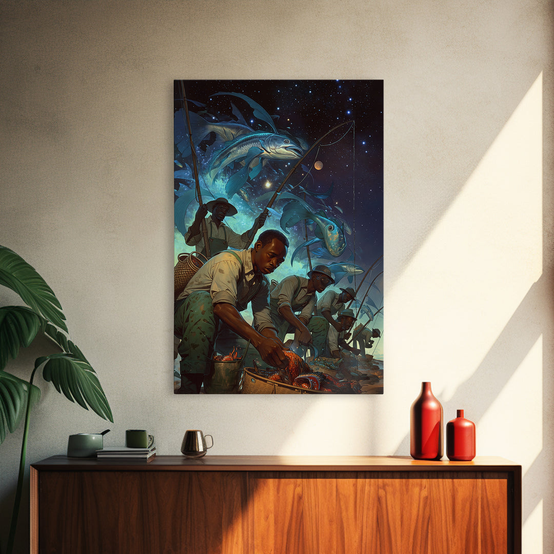 Cosmic Fishermen Under Giant Flying Fish Wall Art, African Safari Art Print, Black Men Portrait, Fantasy Coastal Decor Gift
