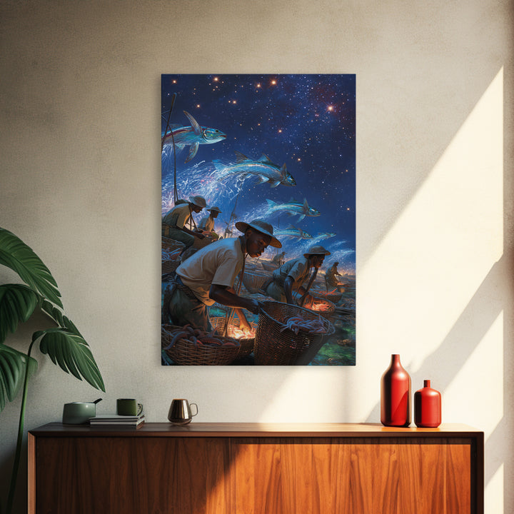 Starry Night Fishermen With Baskets Canvas Print, African Wall Art, Black Men Coastal Scene, Magical Fish Ocean Decor Gift