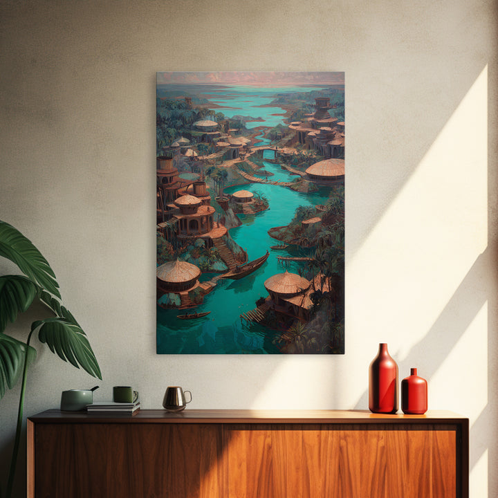 Turquoise River Village With Round Huts Wall Art, African Landscape Canvas Print, Jungle African Decor, Unique Living Room Art