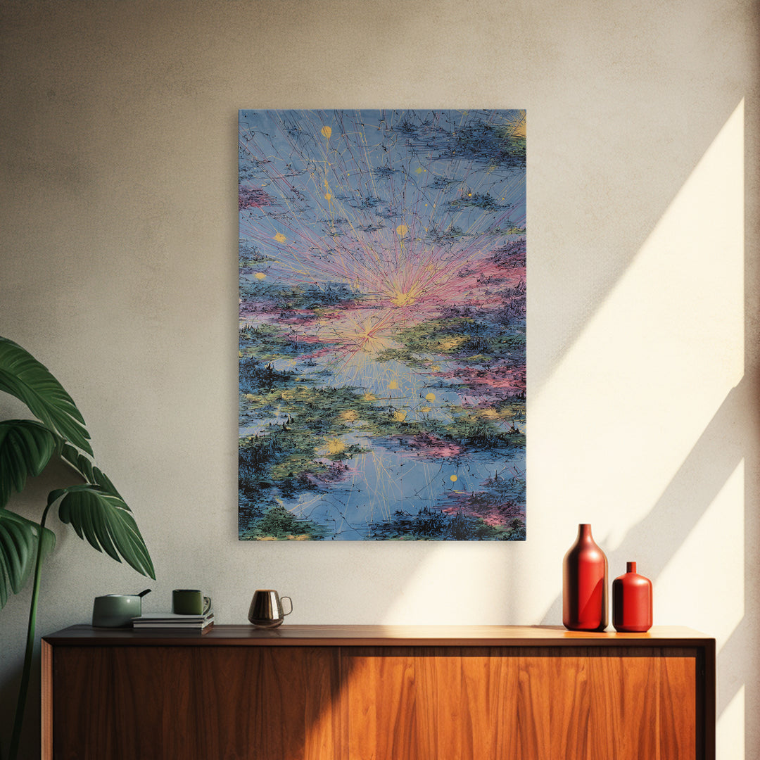 Pastel Sunrise Reflections Over Water Canvas Print, Abstract Wall Art, Dreamy Wall Art, Modern Blue Pink Home Decor Gift