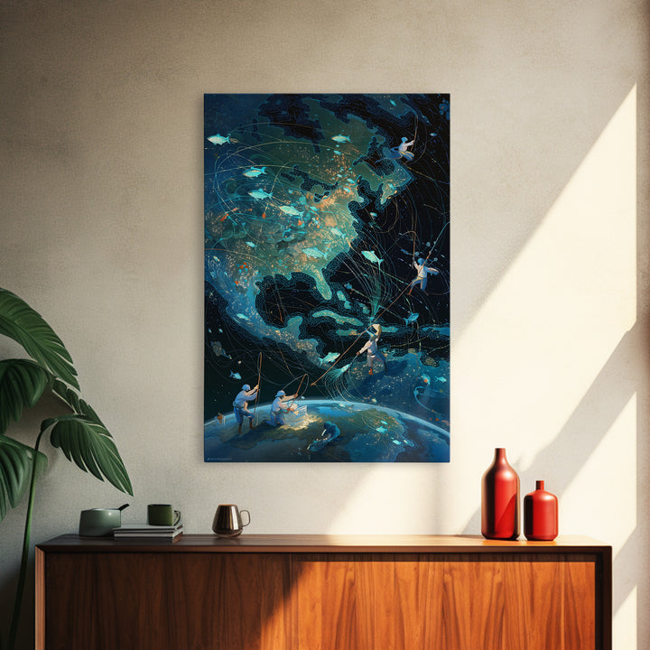 Glowing North America Fishing Map Wall Art, Whimsical Ocean Canvas Print, Teal Adventure Decor For Office And Living Room