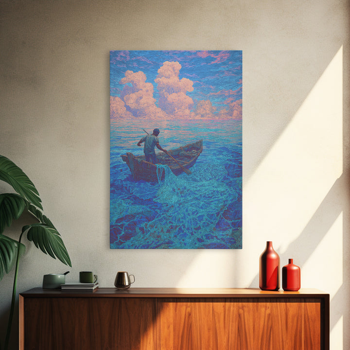 Lone Fisherman On Turquoise Sea Canvas Print, Dreamy Tropical Wall Art, Coastal Nature Decor For Bedroom And Office Gift
