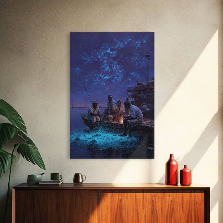 Night Fishermen With Glowing Nets Framed Canvas Print, Blue Coastal Wall Art, Contemporary Harbor Decor For Home Office Gift