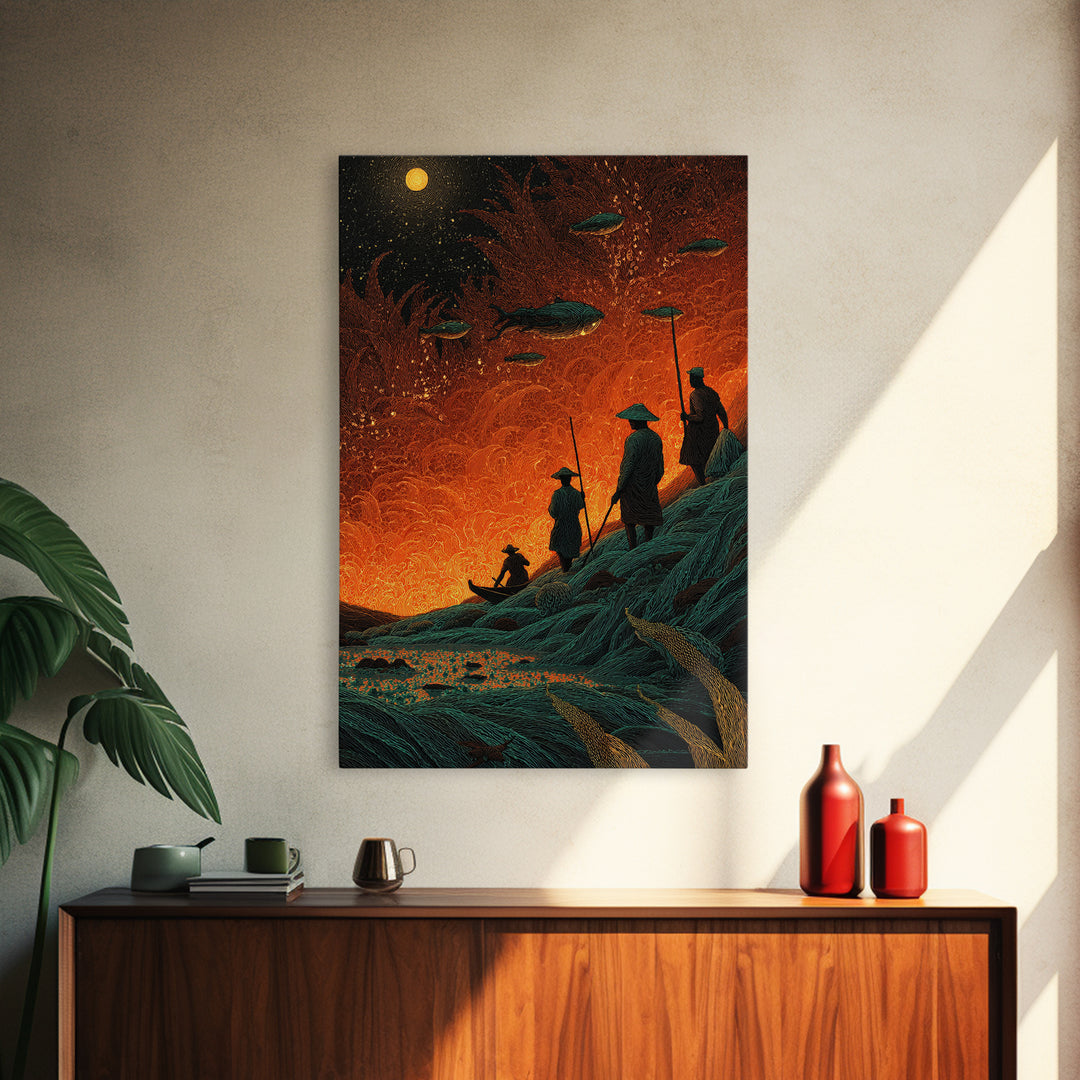 Silhouetted Travelers Under Fiery Sky Wall Art, Orange Sci Fi Canvas Print, Surreal Adventure Decor For Office Gift And Home