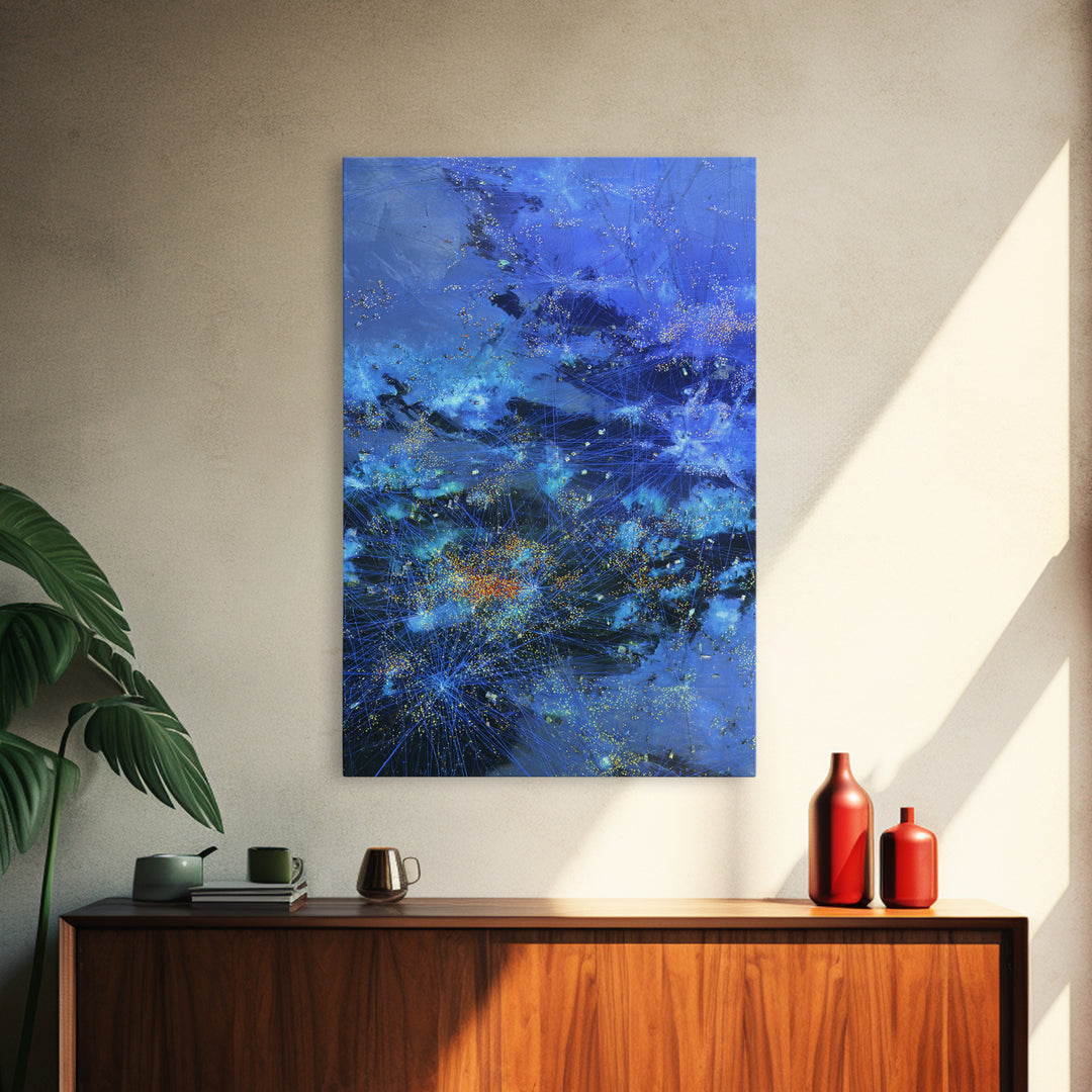 Blue Abstract City Lights Network Canvas Print, Digital Wall Art, Modern Starry Statement Decor For Office And Home Gift
