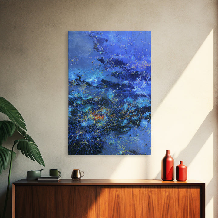 Blue Abstract City Lights Network Canvas Print, Digital Wall Art, Modern Starry Statement Decor For Office And Home Gift