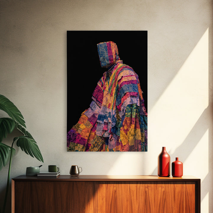 Masked African Textile Seated Figure Framed Canvas Print, Afrocentric Portrait, Vibrant Tribal Art, Cultural Wall Decor Gift