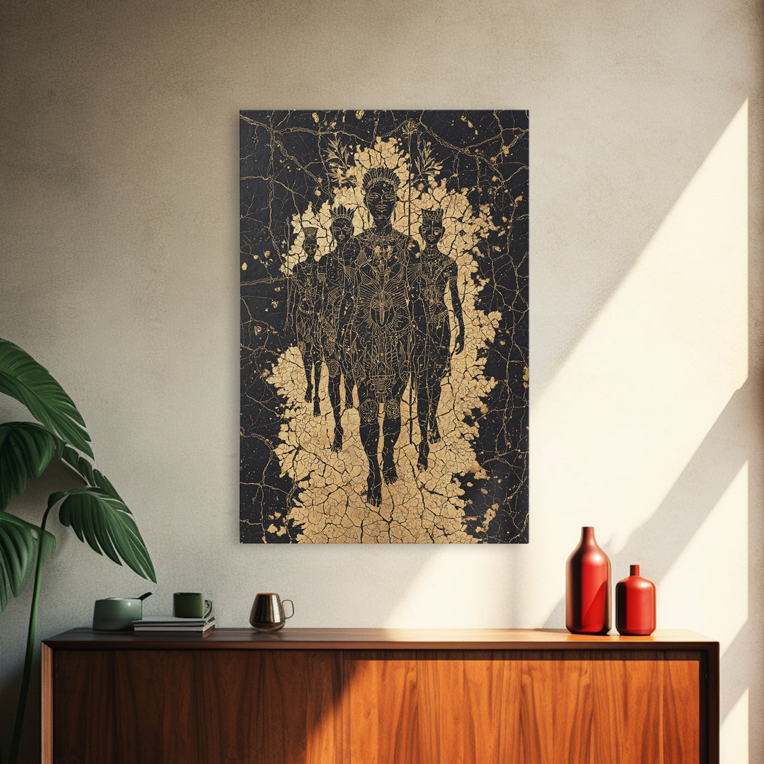 Golden Ancestral Silhouette Trio Wall Art, African Abstract Figures, Black Culture Art, Spiritual Afrocentric Decor Gift