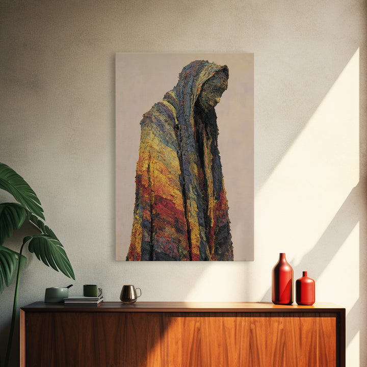 Hooded African Wanderer Wall Art, Textured Robe Portrait, Abstract Afrocentric Figure, Earth Tone Cultural Decor Canvas Print