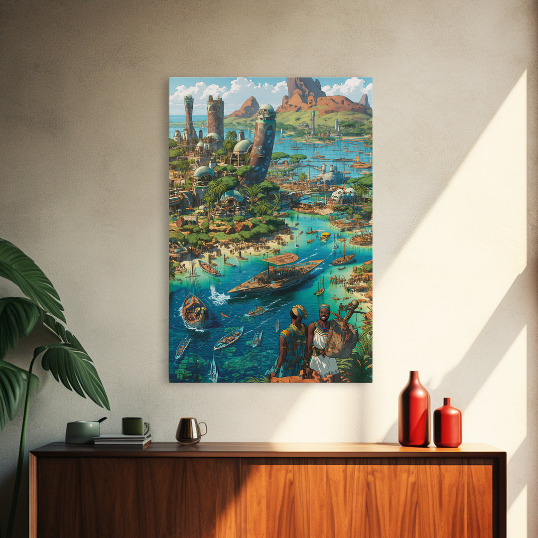 Afrofuturist Coastal African City With Boats Wall Art, African Art Prints, Afrocentric Decor, Vibrant Travel Poster, Living Room Decor