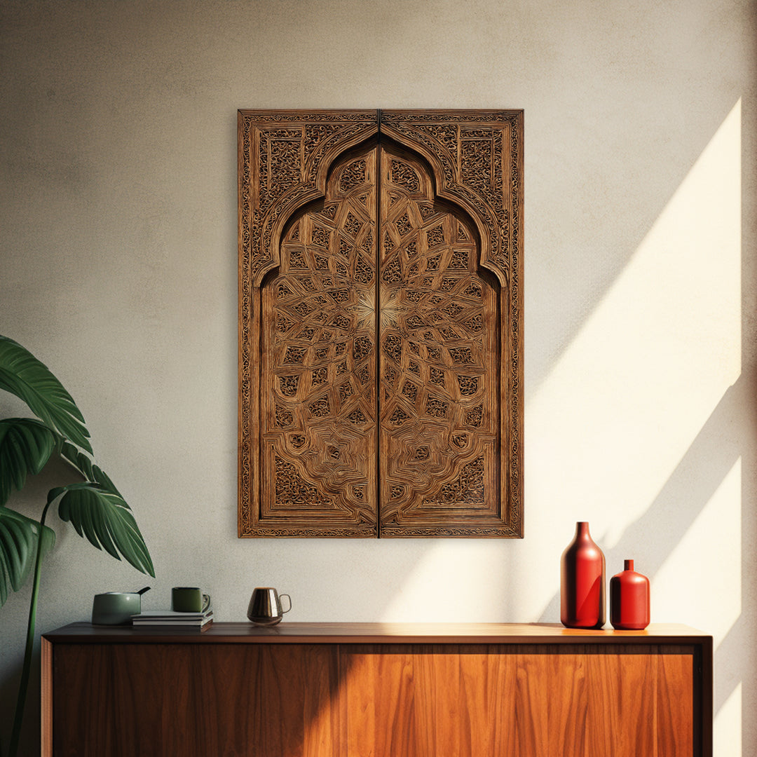 Geometric Moroccan Carved Wood Door Framed Canvas Print, African Wall Decor, Tribal Art Decor, Elegant Home Decor, Statement Piece