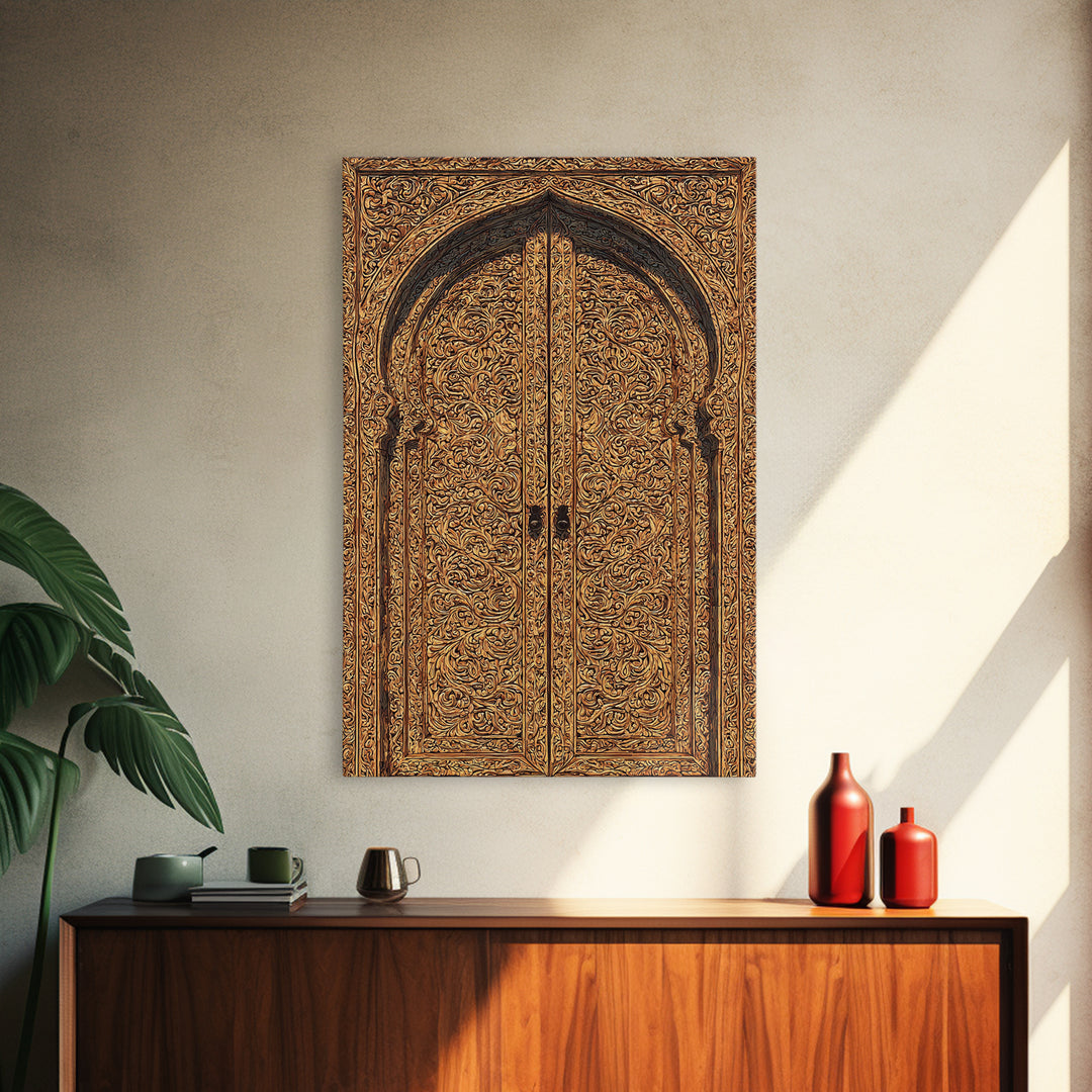 Golden Floral African Carved Door Canvas Print, African Art Decor, Elegant Home Decor, Bohemian Wall Decor, Wood Patterns