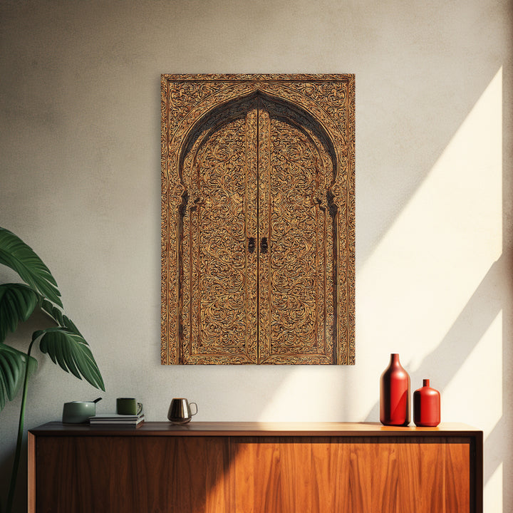 Golden Floral African Carved Door Canvas Print, African Art Decor, Elegant Home Decor, Bohemian Wall Decor, Wood Patterns