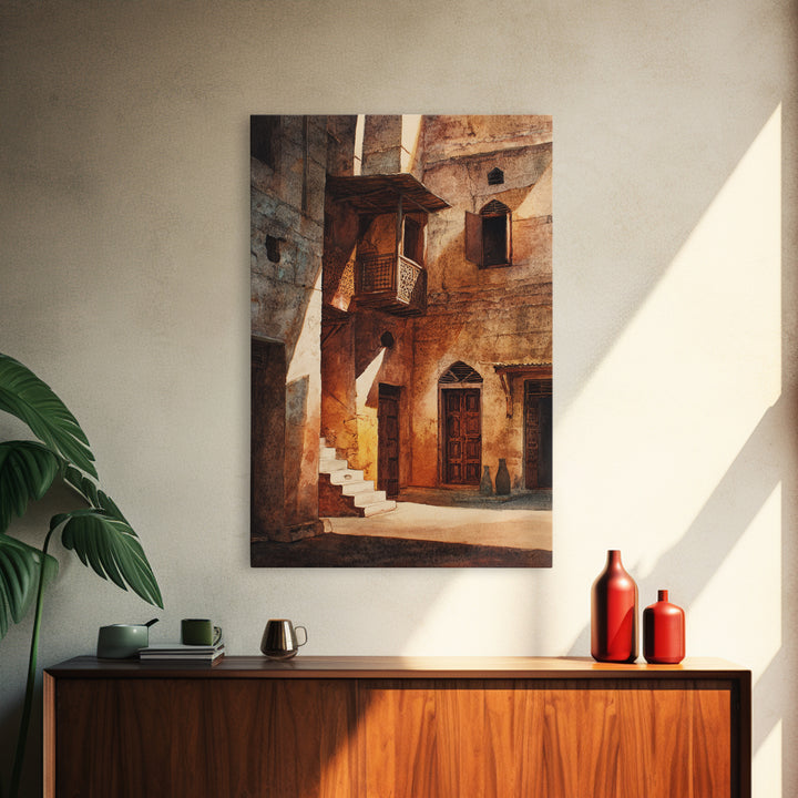 Sunlit African Stone Alley Framed Canvas Print, Moroccan Travel, African Architecture, Cultural Wall Decor, Rustic Home Decor