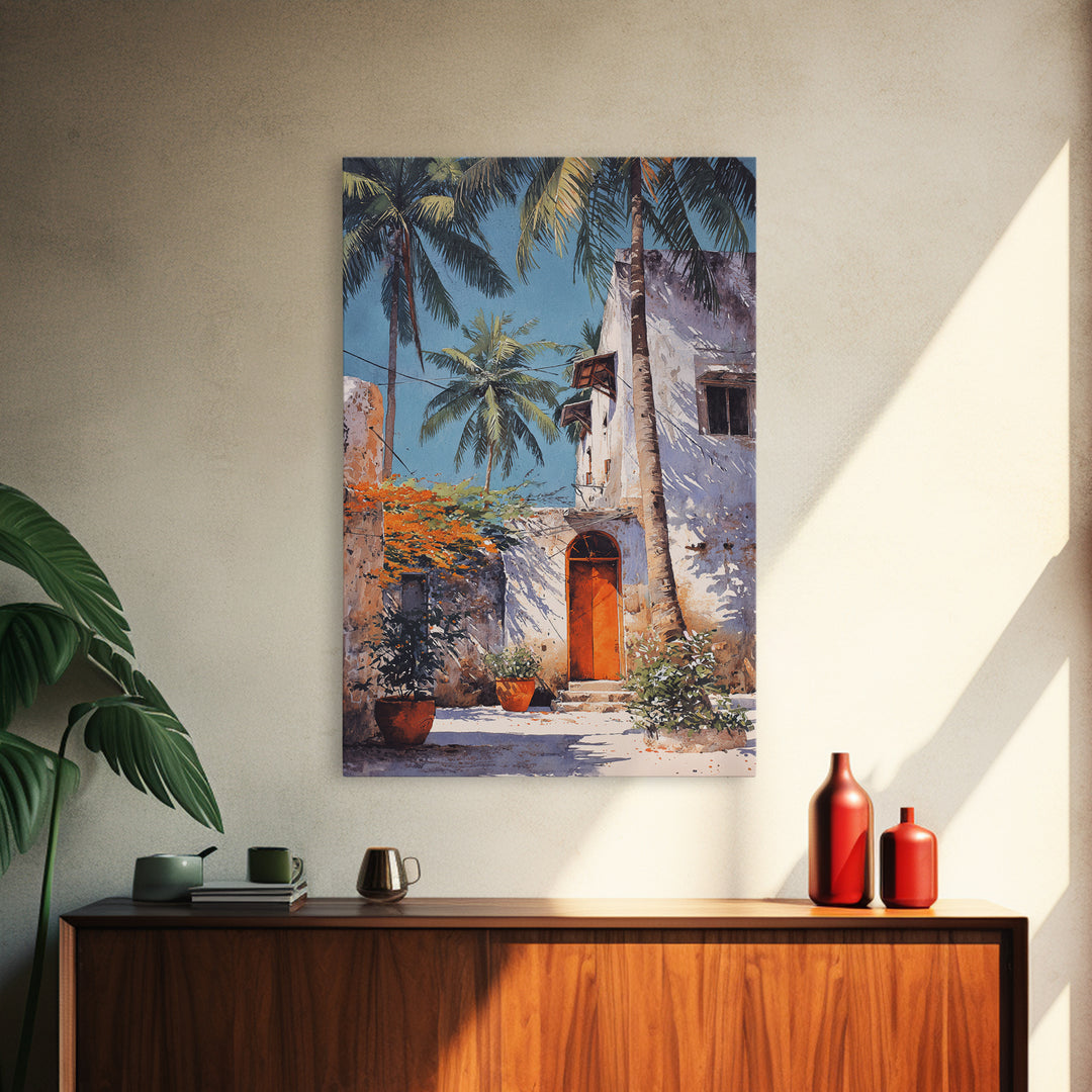 White Coastal African Courtyard Wall Art, Palm Tree Accent, Morocco Africa, Travel Poster, Bohemian Decor Art, Unique Wall Decor