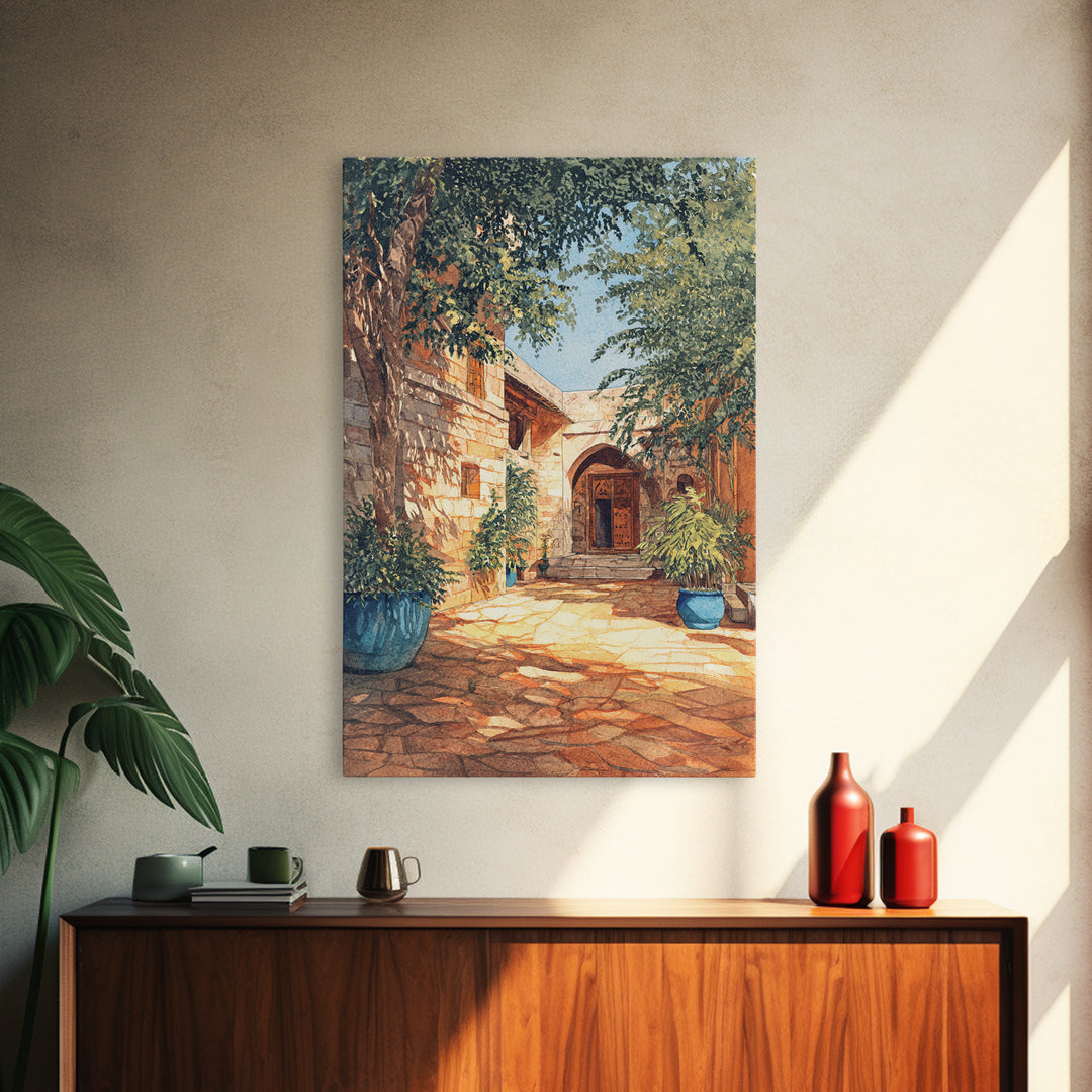 Leafy Stone African Courtyard Canvas Print, Elegant Home Decor, Cultural Wall Decor, Africa Painting, Living Room Decor Gift