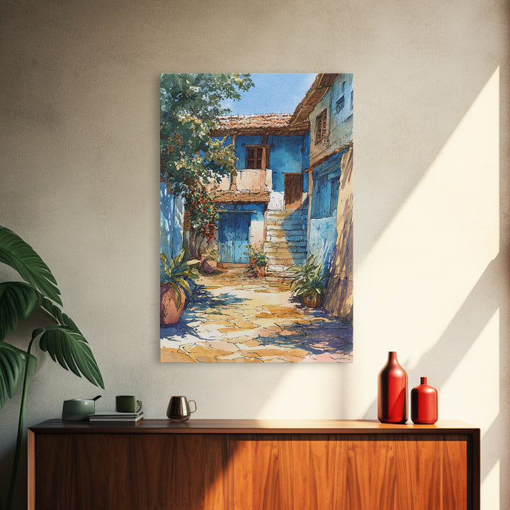 Blue African Village Courtyard Wall Art, Rustic Architecture, Africa Wall Decor, Travel Poster, Boho Home Decor, Unique Canvas