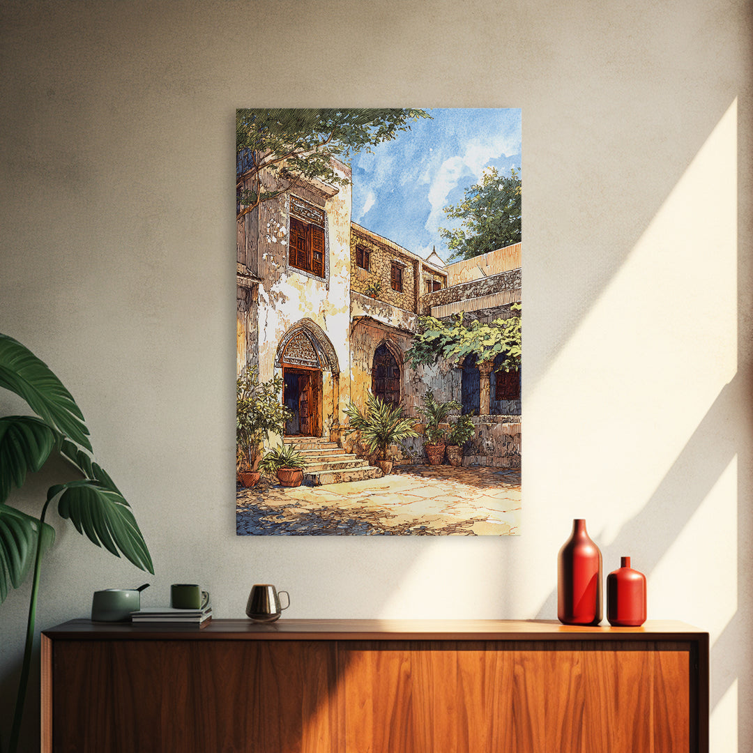 Historic African Stone Courtyard Canvas Print, Carved Door, Africa Painting, Cultural Wall Decor, Travel Poster, Elegant Home Decor