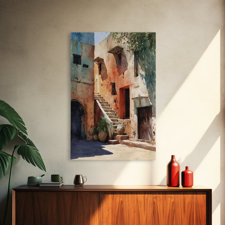 Sunlit Adobe African Alley Canvas Print, Terracotta Art Print, Rustic Decor, Cultural Wall Decor, Africa Painting, Unique Gift