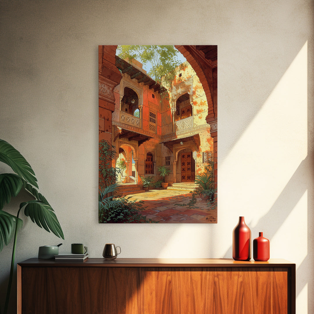 Sunlit Moroccan Courtyard With Arches Wall Art, African Inspired Home Decor, Terracotta Travel Poster, Boho Living Room Print
