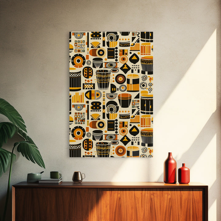 Bold African Drum Pattern Canvas Print, Tribal Textile Art, Orange Black Home Decor, Afrocentric Wall Decor Gift For Music Room