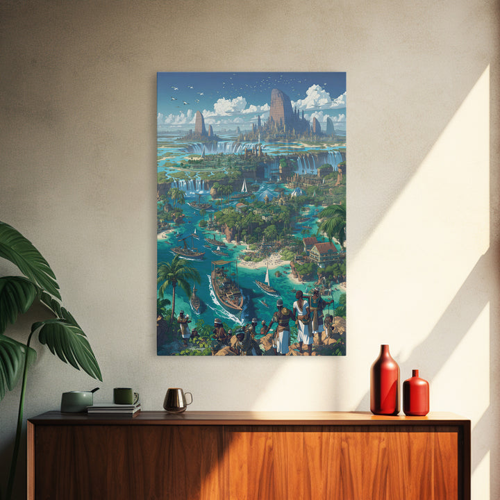 Afrofuturist Coastal Kingdom Wall Art, African Landscape Fantasy City, Blue Travel Poster, Modern Canvas Decor For Living Room