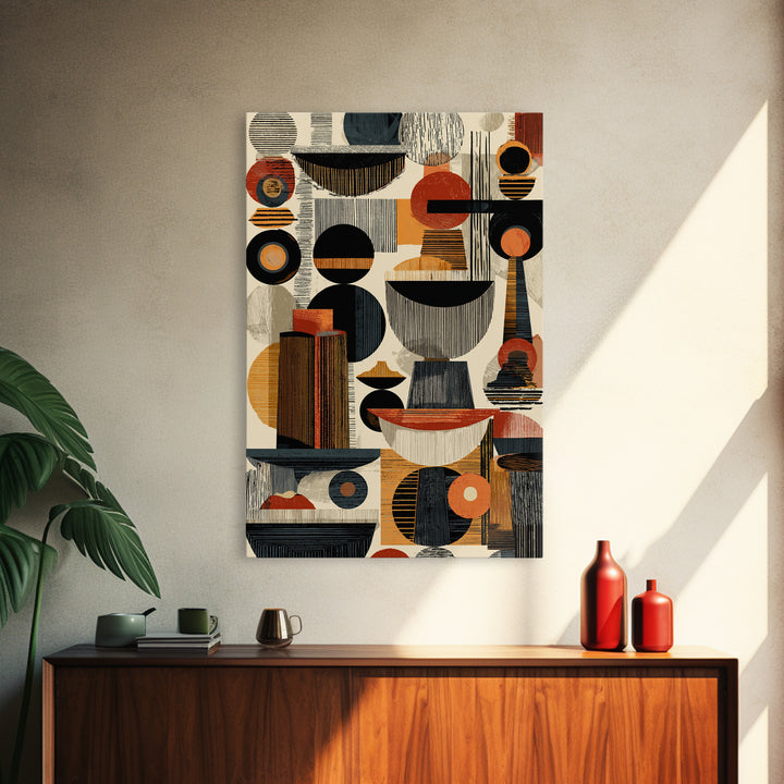 Midcentury African Abstract Shapes Wall Art, Terracotta Black Geometric Canvas Decor, Modern Tribal Home Decor Gift For Office