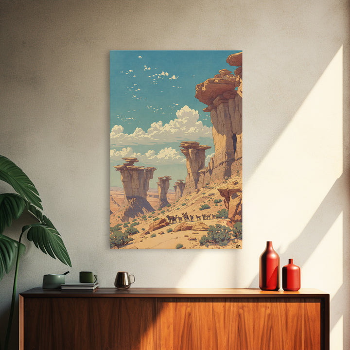 Desert Caravan Rock Pillars Wall Art, African Landscape Travel Poster, Sahara Nature Scene, Warm Boho Home Decor Gift Print